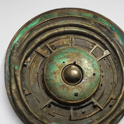 Image similar to a martian artifact in a museum, bronze, old, alien, verdigris, mechanical, gears
