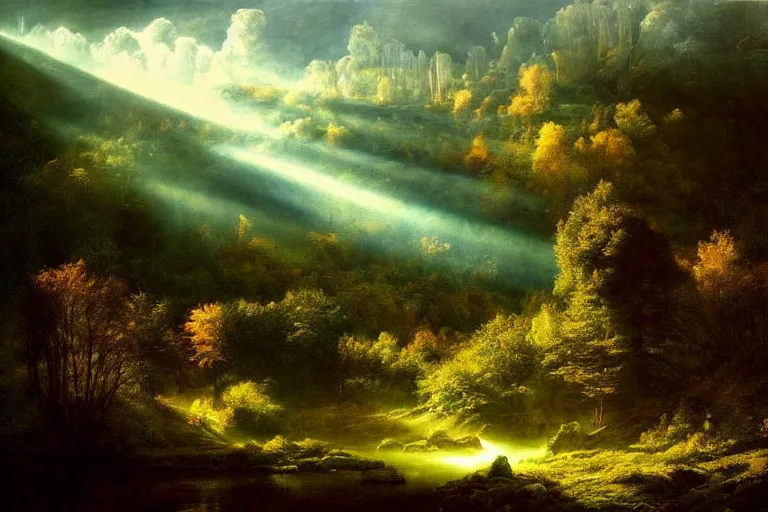 Image similar to masterpiece lord of the rings painting of trees on a hillside overlooking a creek, dramatic lighting with god rays, by andreas franke