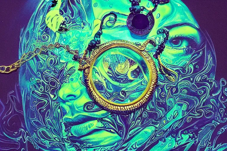 Prompt: psychedelic pepe with trinket necklace, epic angle and pose, reflective pool, symmetrical artwork, ayahuasca, translucent, fungus, energy flows of water and fire, highly detailed, epic cinematic concept art, excellent composition, dystopian brutalist atmosphere, dynamic dramatic lighting, aesthetic, very inspirational, arthouse, Greg Rutkowski, Artgerm