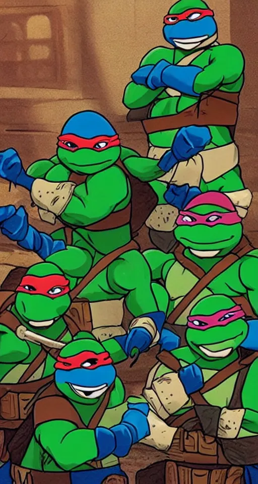 Image similar to the ninja turtles are smoking crack together in a dark alleyway