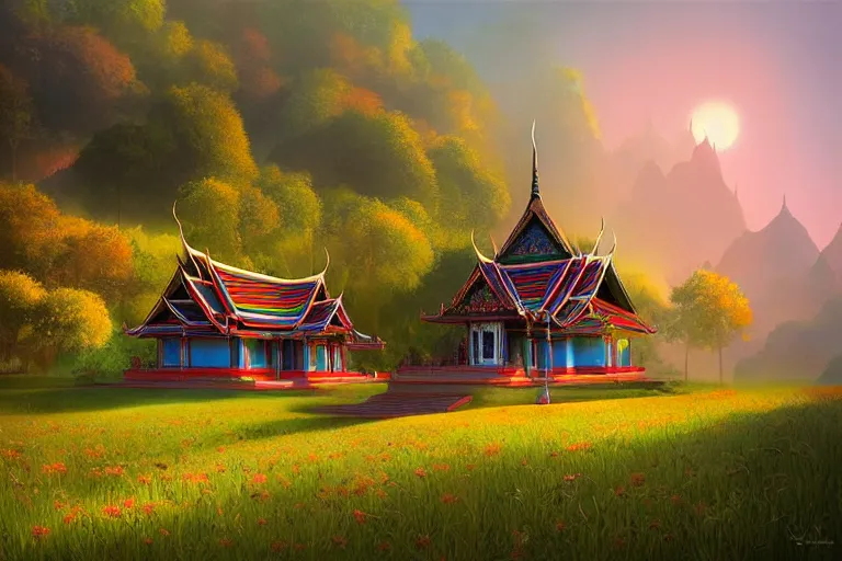 Image similar to summer morning, thai temple, rolling mountain, very coherent and colorful high contrast, art by gediminas pranckevicius, by wes anderson, dark shadows, hard lighting