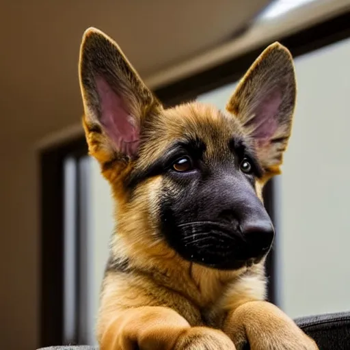 Prompt: low - angle photo from 2 0 feet distance. a german shepherd puppy sits on the sofa near a bay window in a small cozy kitchen. in front of the sofa is a kitchen table made out of wood. there are lots of art hung on the walls. the puppy waits patiently while looking outside on a warm and sunny day. muted colors, bill watterson, illustration