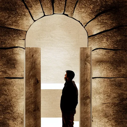 Image similar to man standing in a completely dark room in front of huge stone door slightly open and light is shining through, digital art