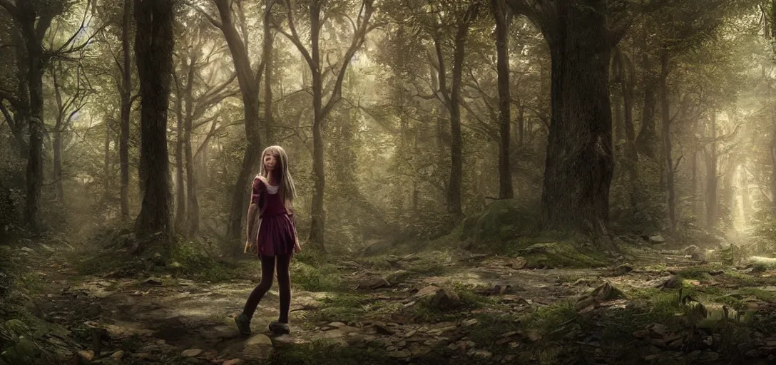 Prompt: A beautiful hyper realistic ultra detailed lifelike matte painting of a lost girl in the woods, unreal engine, deviantart, flickr, artstation, octane render, textured, colorful, extreme realistic detail, physically based rendering, pbr render, very detailed, volumetric lighting, detailed lighting, octane render, 4k, cinematic lighting, 8k resolution