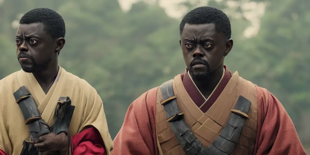 Image similar to a film still of daniel kaluuya starring as a japanese samurai in a japanese blockbuster film, shallow depth of field, cinematic, award winning cgi, vfx, film still