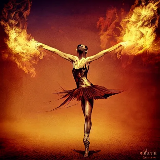 Prompt: burning man ballerina, digital art, post apocalyptic, fantasy, calligraphy