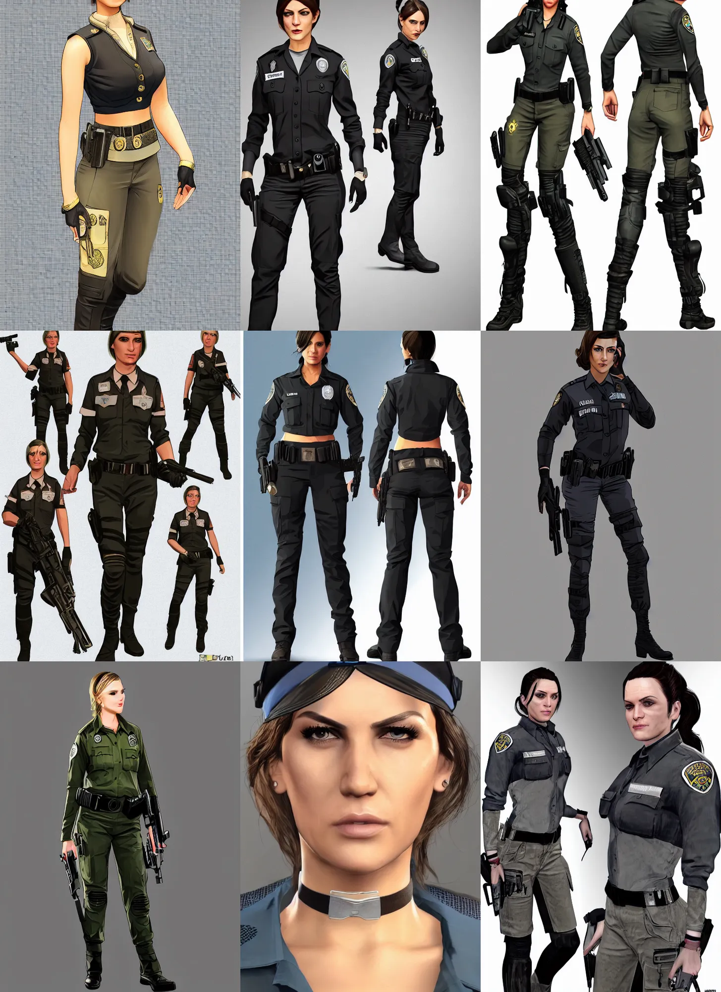 Prompt: detailed full body concept, gta 5 style female cop with beautiful face and eyes wearing intricate clothing