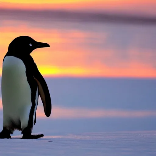 Image similar to penguin staring off into the sunset