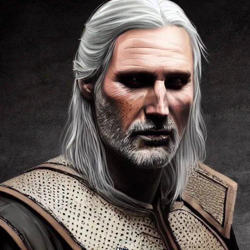 Image similar to mads mikkelsen as geralt from the witcher, portait art, detailed and accurate face