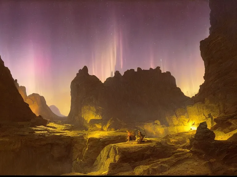 Image similar to an oil painting of a canyon on an alien planet with a distant outpost at dusk with aurora lighting up the sky by carl spitzweg and tuomas korpi. baroque elements, full-length view. baroque element. intricate artwork by caravaggio. Trending on artstation. 8k