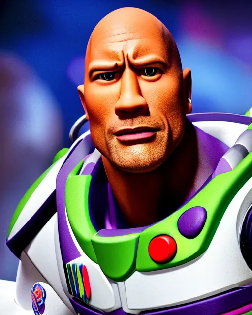 Image similar to Film still close-up shot of Dwayne Johnson as Buzz Lightyear in the movie Toy Story 3. Photographic, photography