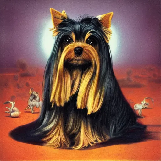 Image similar to witchhouse album art of a yorkshire terrier