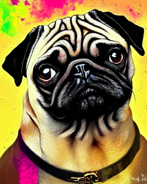 Image similar to a masterpiece painting of a pug dog portrait, in the style of artur bordalo, digital art, muted colors