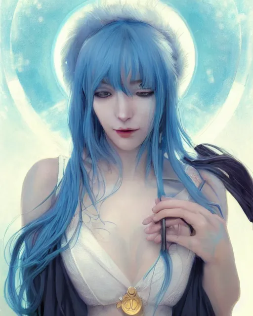 Image similar to stunningly beautiful female blue hair, dj sura, dj geadset, fantasy art, dark light night, sharp focus, digital painting, 8 k, concept art, art by wlop, artgerm, greg rutkowski and alphonse mucha