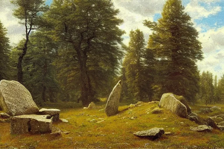 Image similar to runestone, runic inscription, ancient writing, megalithic, monument, nature, trees, focused, centered, very detailed, norse, history, oil painting, Albert Bierstadt, Theodor Kittelsen, Hermann Hendrich