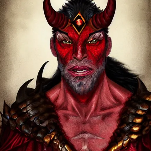 Image similar to dnd style portrait of a tiefling, male, red scales, red skin, a big black beard, completely golden eyes, 2 black ram horns growing out of his forehead,