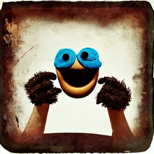 Image similar to creepy cookie monster, with evil grin, tintype, realistic.