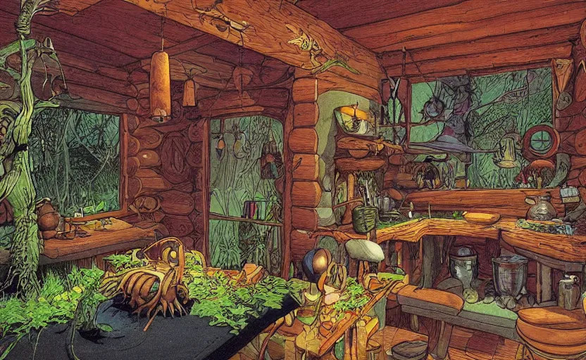 Prompt: witch's cabin full of potions, a cauldron on a counter with a sales register, lush vegetation, by moebius