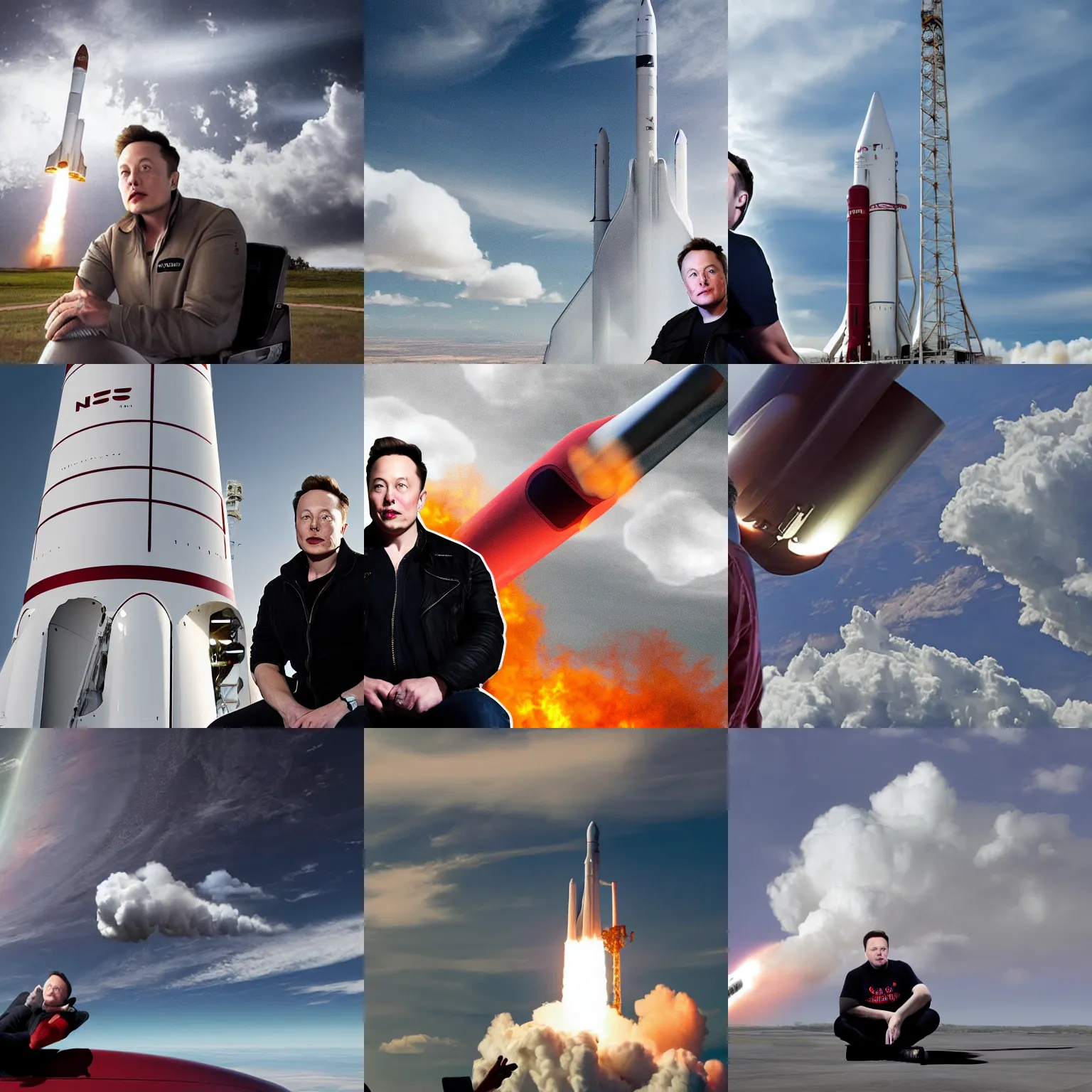 Prompt: elon musk sitting on a giant rocket flying through the clouds