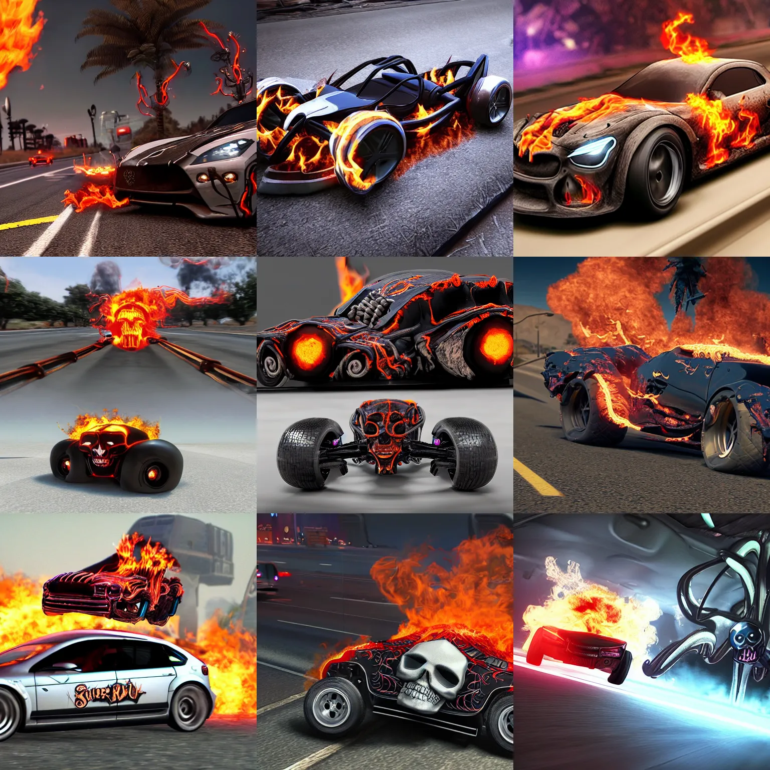 Prompt: skull spider car, flaming wheels on the highway, playstation 4