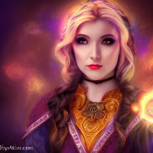 Image similar to beautiful female mage is impressed while looking at the camera , comedy , fantasy, D&D, HDR, natural lighting , award winning photograph, 8k, Mucha style,