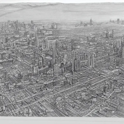Prompt: pencil sketch of fully destroyed city after nuke bird view, high details