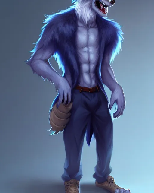 Image similar to character concept art, cute adult male anthropomorphic furry, cute fine face, darkblue werewolf, pants, pretty face, key visual, long human lightblue hair, realistic shaded furry face, fine details by stanley artgerm lau, wlop, rossdraws, james jean, andrei riabovitchev, marc simonetti, and sakimichan