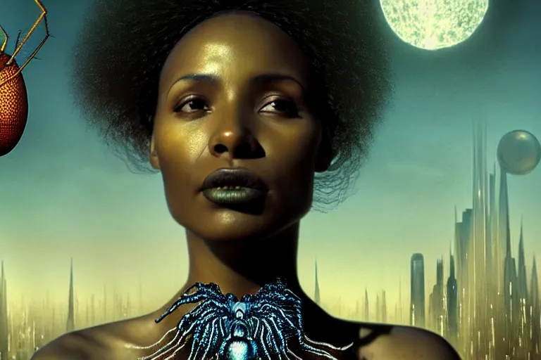 Image similar to realistic detailed photorealistic portrait movie shot of a beautiful black woman with a giant spider, dystopian city landscape background by denis villeneuve, amano, yves tanguy, alphonse mucha, ernst haeckel, david lynch, edward robert hughes, roger dean, cyber necklace, rich moody colours, cyber patterns, wide angle