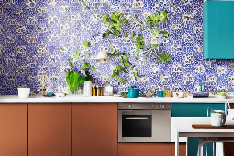 Image similar to IKEA catalogue, vaporwave kitchen with geometric tiles, gaudi