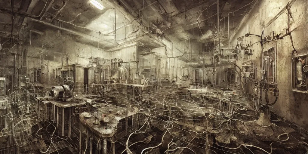 Prompt: xxii century humans discover abandoned laboratory with vacuum tube computers, early xx century technology, dark atmosphere, industrial complex, intricate, elegant, highly detailed, urban decay, digital painting, artstation, concept art, smooth, sharp focus, octane render, dramatic lighting, volumetric lighting, cinematic lighting, art by zdislav beksinski and hans giger