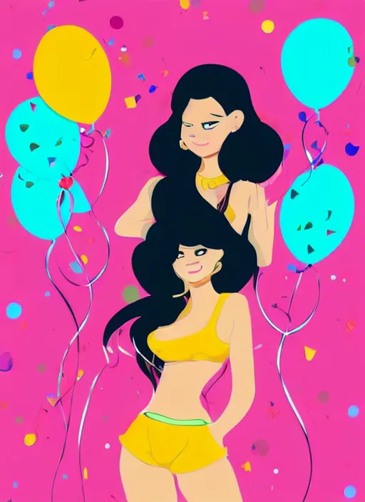 Image similar to curvy woman resembling selena gomez at a birthday party wearing mickey ears. balloons. clean cel shaded vector art. shutterstock. behance hd by lois van baarle, artgerm, helen huang, by makoto shinkai and ilya kuvshinov, rossdraws, illustration,