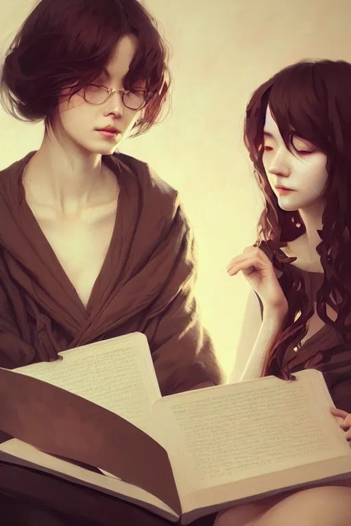 Prompt: portrait of two wise and very beautiful women reviewing some texts, diffuse background, art by guweiz, intricate, elegant, highly detailed, smooth, sharp focus, artstation