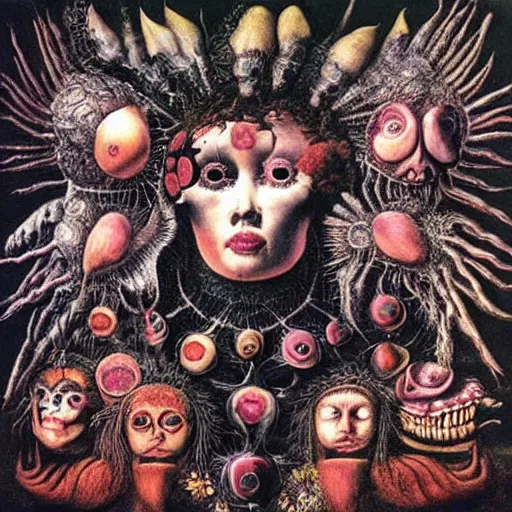 Prompt: post - punk new age album cover, magic, apocalypse, psychedelic, black white pink, magic, giger h. r., giuseppe arcimboldo