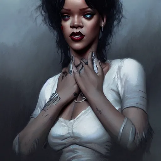 Prompt: Rihanna as Vampire, trending on artstation, ultra detailed, 8k, character illustration by Greg Rutkowski, Thomas Kinkade.