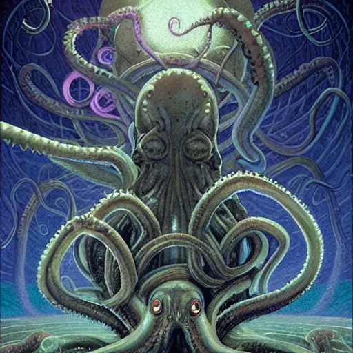 Image similar to incomprehensible otherworldly eldritch horror amalgamation of cosmic horror tentacles tendrils octopus squid deep space universe dimension warp portals and dimension shattering warp jumps by greg rutowski and james gurney artstation hyperrealism ralph lacoste ralph mcquarrie ralph lacoste esoteric hypnogogic ethereal ethereality