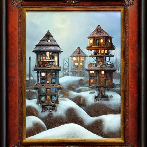 Prompt: a steampunk village on tall stilts in a snowy field, blizzard, by Naoto Hattori,