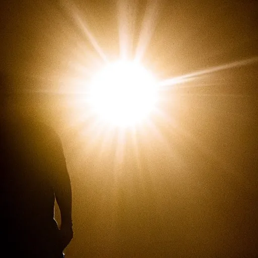 Image similar to silhouette of a man stepping into a door of blinding light. candid shot