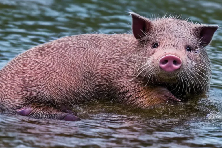 Prompt: a pig otter!!! hybrid! hyper realistic!! realistic lighting!! wildlife photographer of the year!!! bold natural colors, national geographic, hd, wide angle, 8 k