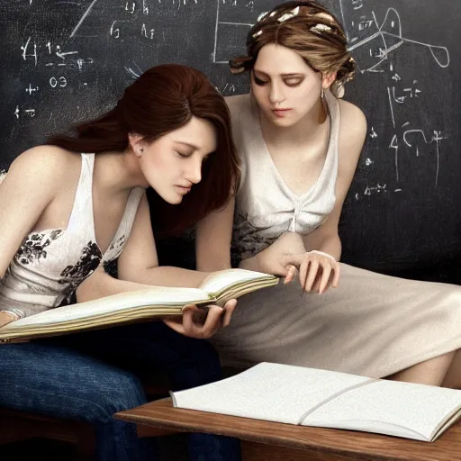 Prompt: Two beautiful brides studying mathematics together in a university class near a blackboard, fashion photography by Annie Leibovitz, hyperrealistic, highly detailed, depth of field, High definition, 8k, octane render, artstation