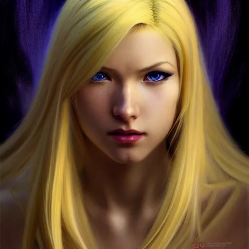 Image similar to portrait of Zero suit Samus with long blonde hair as League of Legends character, digital illustration portrait, dark fantasy, medium shot, intricate, elegant, highly detailed, digital painting, volumetric light, artstation, concept art, smooth, sharp focus, illustration, art by Donato Giancola and Gil Elvgren and Greg Manchess and Alphonse Mucha