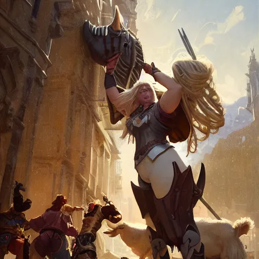 Image similar to a blonde paladin woman fighting a giant goat on the streets of a fantasy town, d & d, fantasy, highly detailed, digital painting, artstation, concept art, character art, art by greg rutkowski and tyler jacobson and alphonse mucha