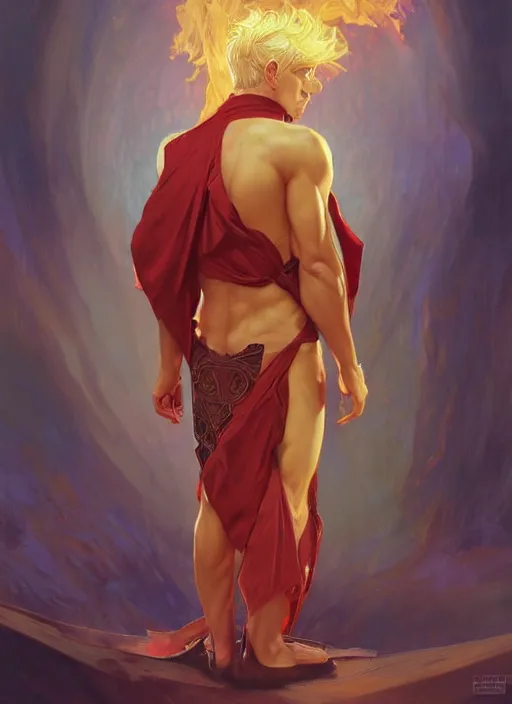 Image similar to young man using fire magic, wearing mages robes, back view, short blond hair, realistic painting by ross tran and gerald brom and alphonse mucha, artgerm, trending on artstation