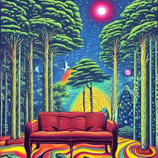 Image similar to psychedelic trippy river pine forest, planets, milky way, sofa, cartoon by rob gonsalves