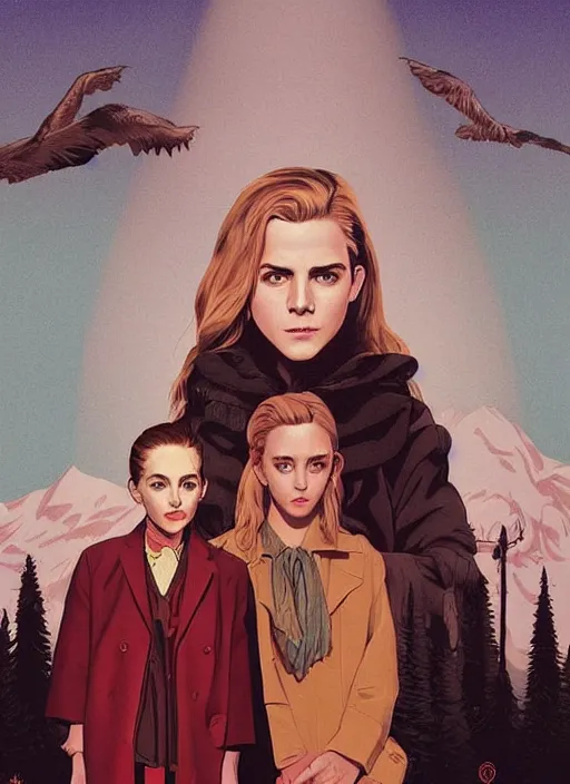 Prompt: Twin Peaks movie poster artwork by Michael Whelan and Tomer Hanuka, Rendering of Emma Watson & Kiernan Shipka meeting David Bowie the god spirit, from a scene from Twin Peaks, clean, full of detail, Matte painting, trending on artstation and unreal engine