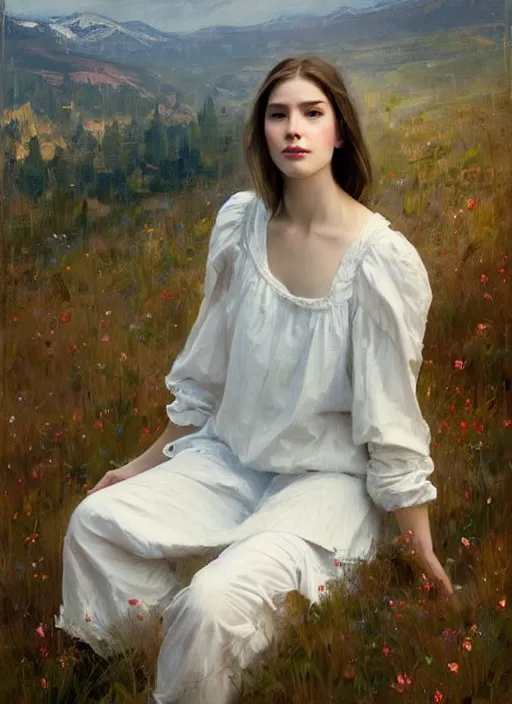 Prompt: portrait of girl dressed in white clothes , countryside, fantasy character portrait, dynamic pose, above view, view from above, sunny day, thunder clouds in the sky, artwork by Jeremy Lipkin and Giuseppe Dangelico Pino and Michael Garmash and rob rey, very coherent symmetrical artwork, perfect face, simple form, 100mm