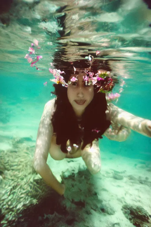 Image similar to film still, underwater view of young woman face with flowers from behind , 35mm