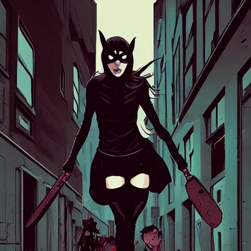 Prompt: style of Jaime McKelvie and Joshua Middleton comic book art, cinematic lighting, realistic, bunny mask female villain holding a bloody kitchen knife, standing in an alleyway, full body sarcastic pose, symmetrical, realistic body, knee high socks, rioters, people fighting, The Purge, night, horror, dark color palette