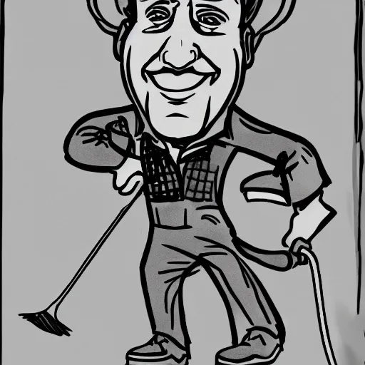 Image similar to line art drawing of a caricature of a painter with big shoes and a life site paint brush