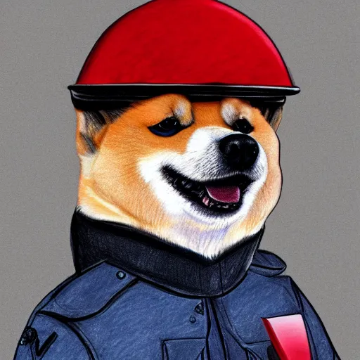 Image similar to A drawing of a Shiba Inu dog wearing a soldier's helmet, color