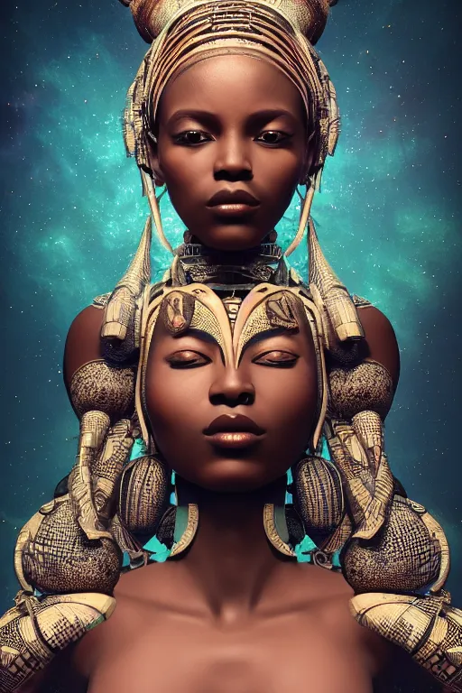 Prompt: a photo of a single alluring african tribal goddess adorned surrounded by sacred geometry made from mecha parts architecture and incense smoke, full body, gorgeous, perfect face, powerful, cinematic, beautifully lit, by artgerm, by karol bak, by viktoria gavrilenko, 3 d, trending on artstation, octane render, 8 k